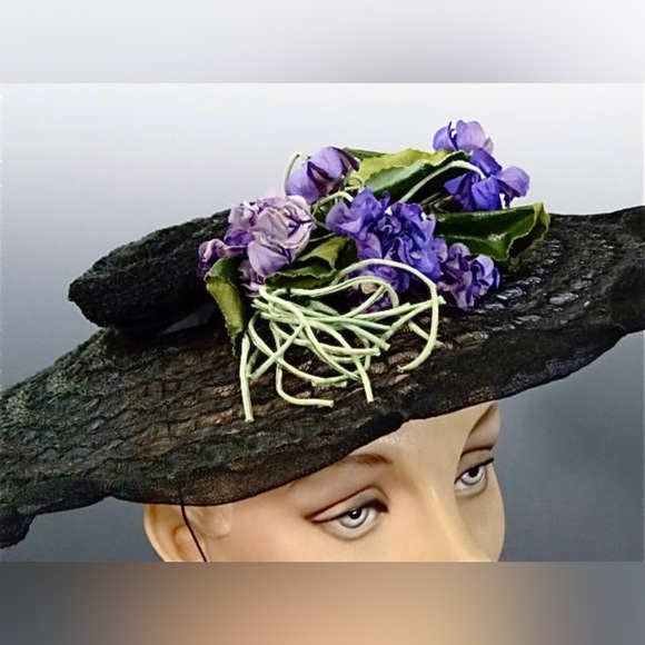1940s cartwheel hat wide brim black crinoline horse hair with millinery flowers main image 6
